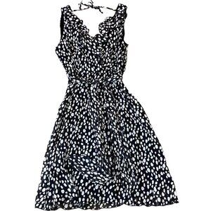 Jonathan Martin Surplice Ruffle Neck Faux Wrap Dress Black Polka Dot Sz 8 #278A